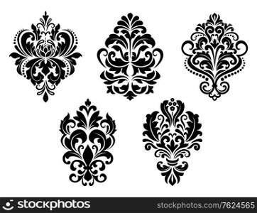 Set of five ornate foliate and floral design elements in black and white for retro design