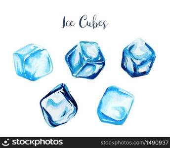 Set of five watercolor ice cubes, hand drawn vector watercolor illustration