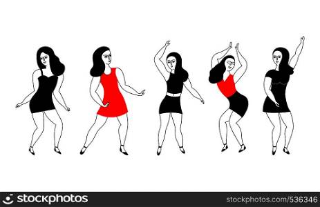 Set of five young girls dancing or happy women dancers isolated on white background. Black and white vector doodle illustration.