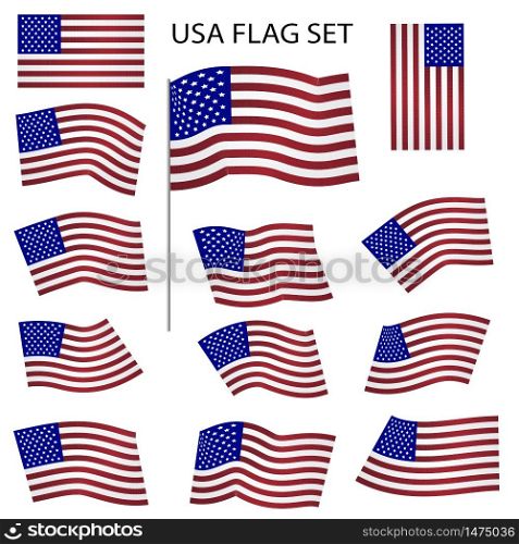 Set of Flags of America in precise execution and different shapes. Flags of a great country in colorful original colors on a white background. Vector illustration. Stock Photo.
