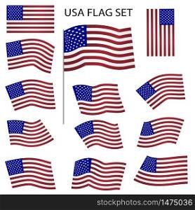 Set of Flags of America in precise execution and different shapes. Flags of a great country in colorful original colors on a white background. Vector illustration. Stock Photo.