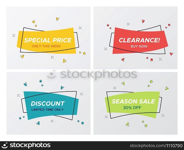 Set of flat abstract sale banner in modern style. New hipster rectangle shape promo sticker with shop offer title and bright colors. Vector illustration with sale tags for store advertising.. 4 trendy flat sale pastel color rectangle stickers