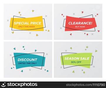 Set of flat abstract sale banner in modern style. New hipster rectangle shape promo sticker with shop offer title and bright colors. Vector illustration with sale tags for store advertising.. 4 trendy flat sale pastel color rectangle stickers