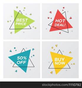Set of flat abstract sale banner in modern style. Minimal vintage design triangle sign template with promo offer title in bright colors. Vector illustration with sale tags for web advertising. Triangle flat sale tags in bright pop art style
