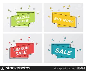 Set of flat abstract sale banner in modern style. Bright colors clearance label with promotion title in trendy ribbon shape with confetti sparkle. Vector illustration sale tags for special deal flyer.. Set of bright sale ribbons with particle blast