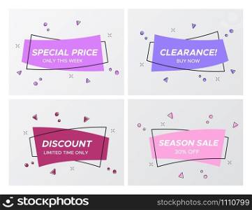 Set of flat abstract sale banner in modern style. Minimal vintage design curved rectangle sign with market clearance title in violet and burgundy colors. Vector illustration sale tags for store flyer. Gentle violet colors sale tags with confetti blast