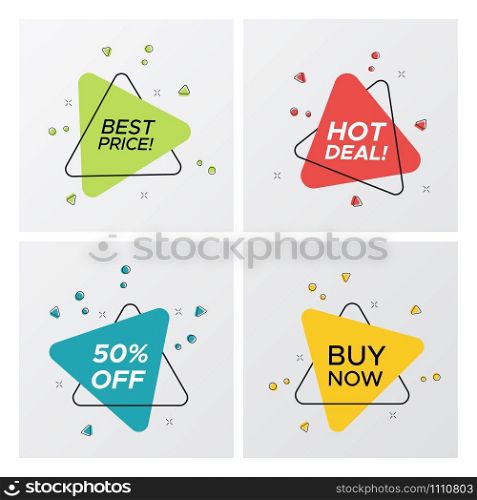 Set of flat abstract sale banner in modern style. New graphic triangle shape promo sticker with shop offer title and particle blast. Vector illustration with sale tags for online business.. Set of triangle flat sale tags with particle blast
