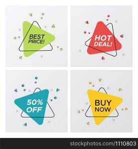 Set of flat abstract sale banner in modern style. New graphic triangle shape promo sticker with shop offer title and particle blast. Vector illustration with sale tags for online business.. Set of triangle flat sale tags with particle blast