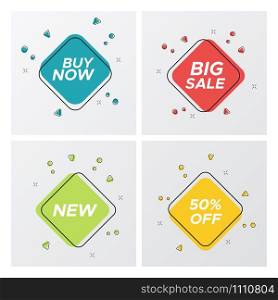 Set of flat abstract sale banner in modern style. Bright colors shop clearance label with price discount title in futuristic square shape. Vector illustration with sale tags for online business promo. Set of 4 bright square sale tag with promo titles