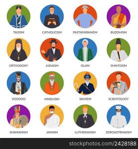 Set of flat avatars of people from world religions including shinto, christianity, voodoo, judaism isolated vector illustration. People From World Religions Flat Avatars
