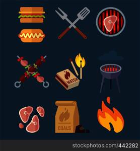 Set of flat barbeque icons for web. Camping vector illustration isolated on blue background. Bbq meat cooking, healthy beef grilled. Set of flat barbeque icons for web. Camping vector illustration isolated on blue background.