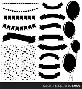 Set of flat black isolated silhouettes of balloons on ropes and garlands of flags. A set of ribbons of banners of different shapes. Background in the form of confetti.