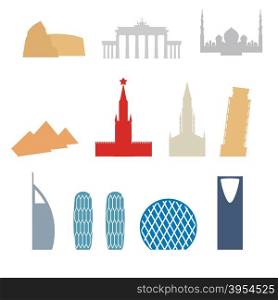 Set of flat buildings icons countries. Attraction of Dubai, Rome. Russia and Germany. Architecture attraction of different countries and States. Vector illustration.