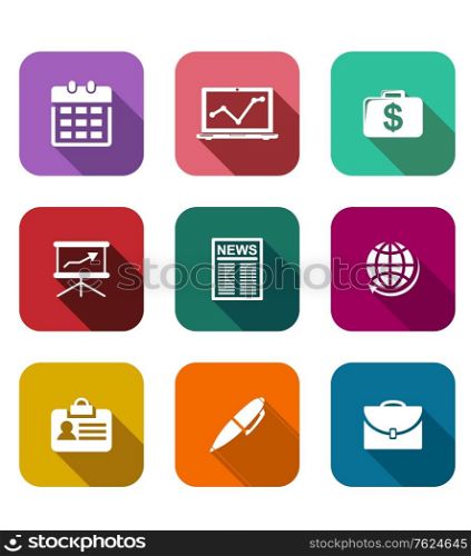 Set of flat business icons on colorful web buttons