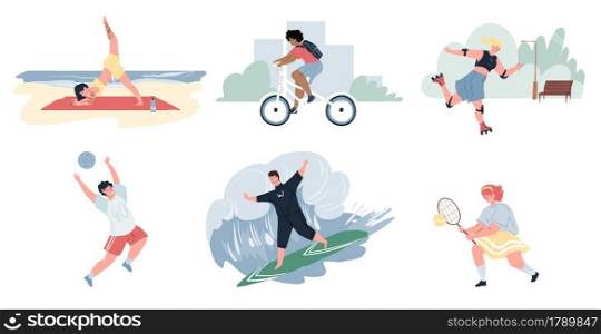 Set of flat cartoon characters doing sport activities outdoor at summer-yoga,bicycle riding,roller skating,surfing,badminton,voleyball.Sporty lifestyle social concept,various poses and emotions. Flat cartoon characters set doing sport activities,set of vector illustrations concept