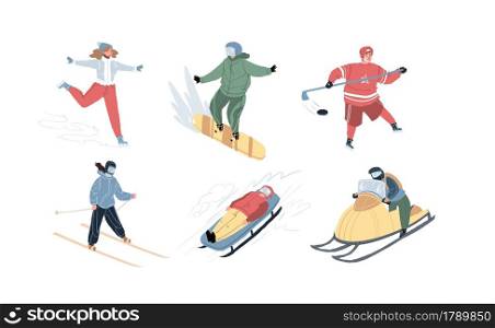 Set of flat cartoon characters doing sport activities outdoor at winter-skating,snowboarding,hockey,skiing,bobsleigh,snowmobile riding.Lifestyle and sports social concept,various poses and emotions.. Flat cartoon characters set doing sport activities,set of vector illustrations concept