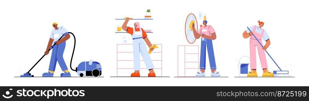 Set of flat characters cleaning home. Vector illustration of happy men and women vacuuming, mopping floor, dusting furniture, washing and wiping mirror. Household activities. Housekeeping chores. Set of flat characters cleaning home, vector