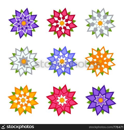 Set of flat colored abstract flowers isolated on white background. Simple design for decoration