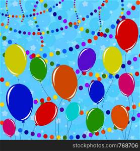 Set of flat colored insulated garlands and balloons on ropes. Against a background of multicolored confetti. Suitable for design.