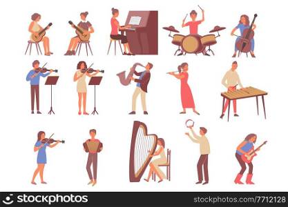 Set of flat colorful icons with single human characters learning musical instruments isolated on blank background vector illustration. Learning Musical Instruments Set