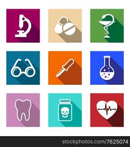 Set of flat colorful medical icons on web buttons