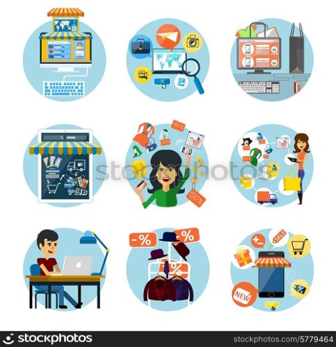 Set of flat concepts of e-commerce symbols, online shopping and banking. On white background