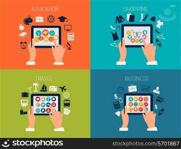 Set of flat design backgrounds for education, business, travel and shopping. Vector illustration.