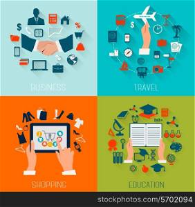 Set of flat design backgrounds for education, business, travel and shopping. Vector illustration.