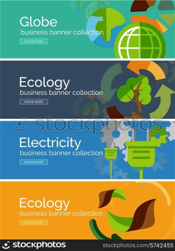 Set of flat design banners and concepts - globe, ecology, eco-friendly electricity, eco leaves