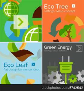 Set of flat design banners and concepts - globe, ecology, eco-friendly electricity, eco leaves