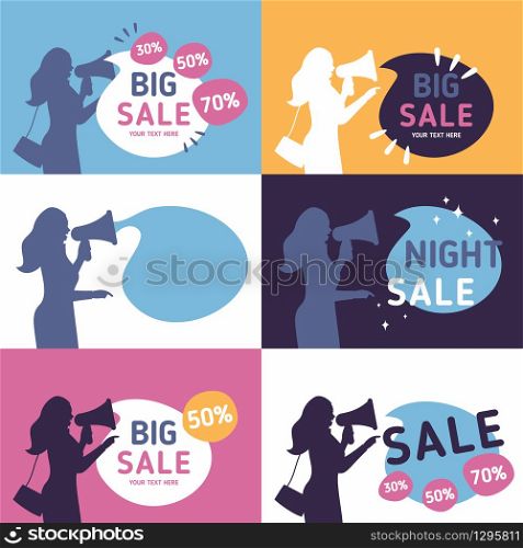 Set of flat design concept banners for woman big sales: beauty, discounts, night and shopping. Perfect web banners and app ads. Set of flat design concept banners for woman big sales