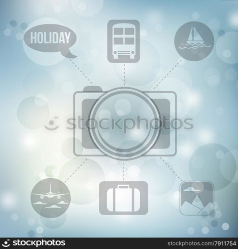 Set of flat design concept icons for holiday and travel on blurred blue background, vector illustration