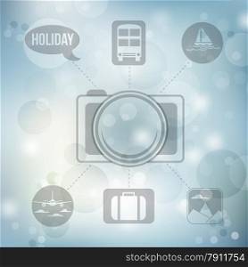 Set of flat design concept icons for holiday and travel on blurred blue background, vector illustration