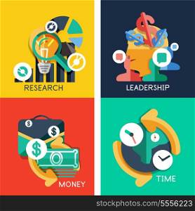 Set of flat design concepts - business idea, money, leadership, research, time