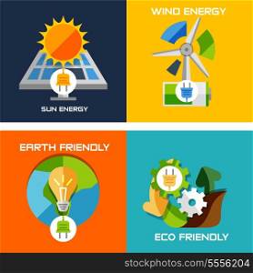 Set of flat design concepts - green energy. Solar panels, windmill, battery, light bulb, nature machine concept