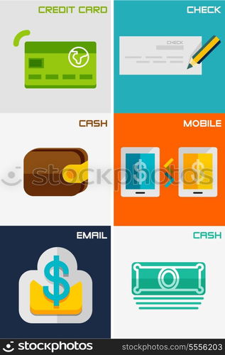 Set of flat design concepts - payment methods / solutions. Credit card, check, cash, email, mobile