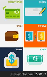 Set of flat design concepts - payment methods / solutions. Credit card, check, cash, email, mobile