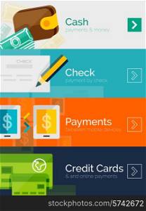 Set of flat design concepts - payment online. Cash, check, mobile online and credit card