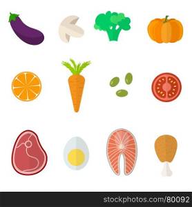 Set of flat design icons for food and drink.. Set of flat design icons for food and drink. Healthy food concept. Ftuits, vagatables and proteins icons on white background