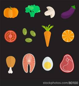 Set of flat design icons for food and drink.. Set of flat design icons for food and drink. Healthy food concept. Ftuits, vagatables and proteins icons on black background