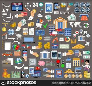Set of flat design icons for internet-banking, online payment, mobile payments and bank wire transfer.