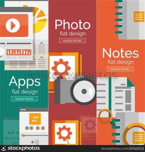 Set of flat design mobility concepts - apps, photo camera and papers or documents, notes