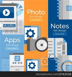 Set of flat design mobility concepts - apps, photo camera and papers or documents, notes