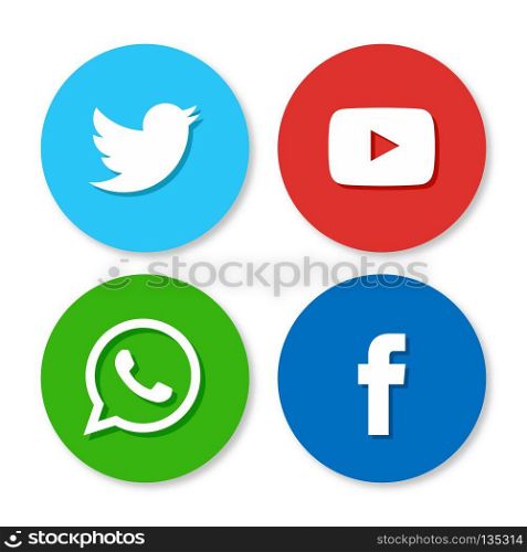 Set of flat design sale stickers. Vector illustrations of Twitter, Yoututbe, Whatsapp and Facebook on white background. For web design and application interface, also useful for infographics. Vector illustration.