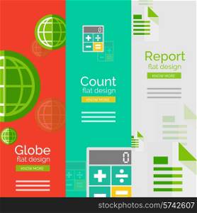 Set of flat design universal business concepts, banners with promo text - globe, count and calculating, report