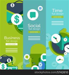 Set of flat design universal web concepts, banners with promo text - business, social and time