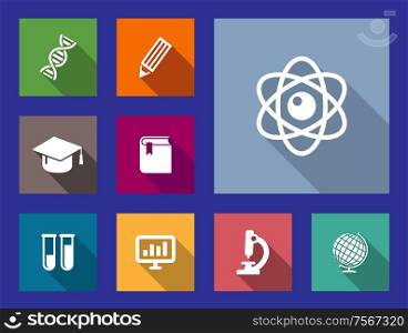 Set of flat education, research and science icons on colorful web buttons