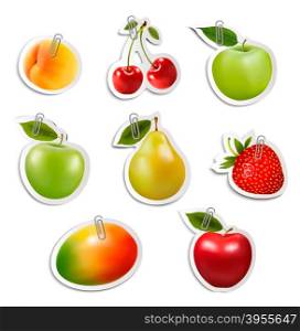 Set of flat fruit stickers with paper clips. Vector.