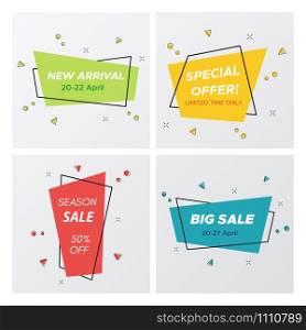 Set of flat geometric sale banner in trendy concept. Minimal vintage design rectangle sign template with promo offer title in pastel colors. Vector illustration with sale tags for web advertising.. 4 trendy flat sale pastel colors stickers