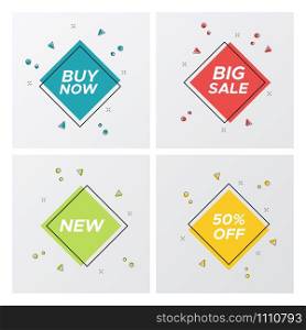 Set of flat geometric sale banner in trendy concept. New hipster square shape promo sticker with shop offer title and pastel colors. Vector illustration with sale tags for online marketing.. 4 square geometric sale tags in pastel colors